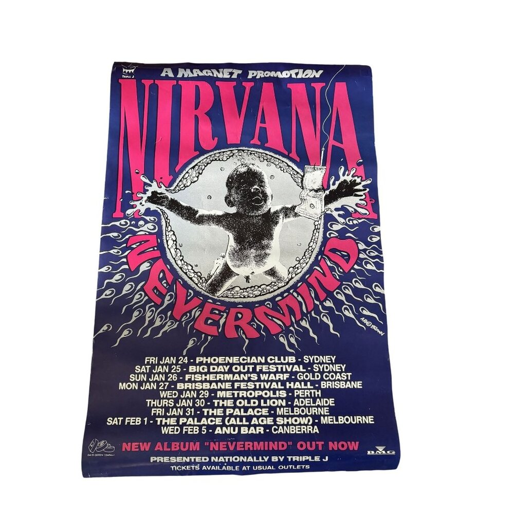 RARE Nirvana Nevermind Tour 1992 Vintage Australia Concert Poster 14"x36"